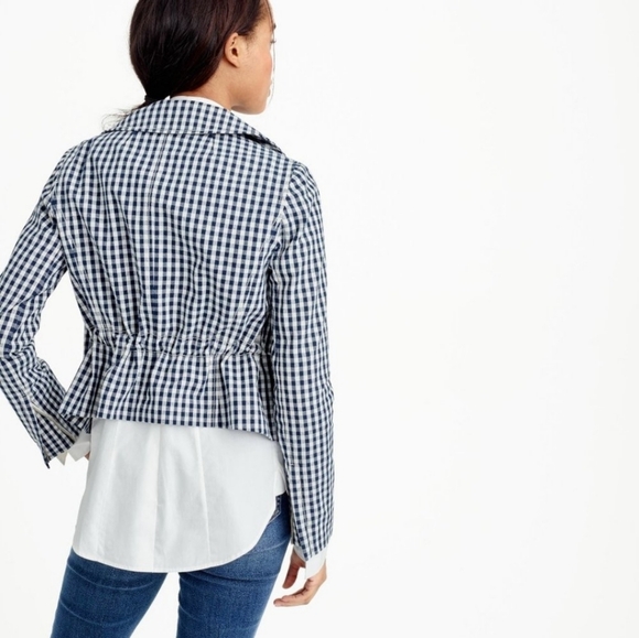 J. CREW Gingham Plaid Cropped Moto Jacket Blazer Blue-White‎ - Picture 2 of 9